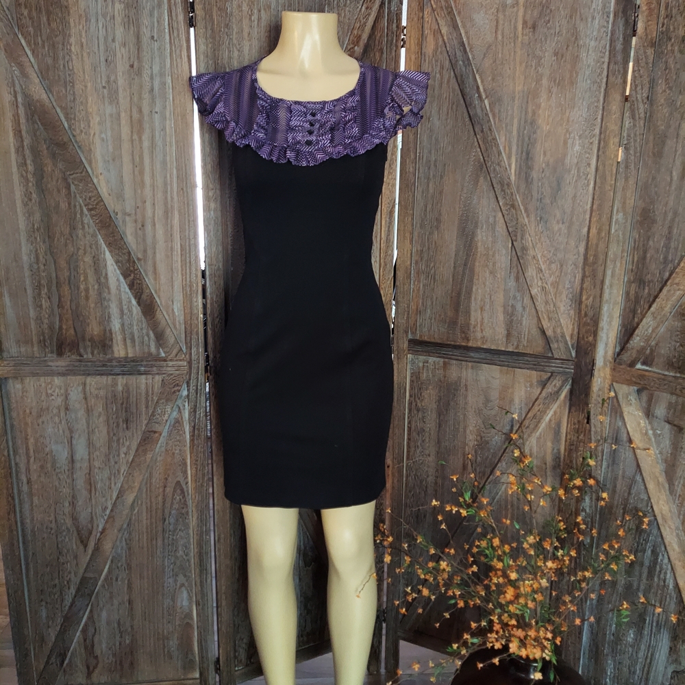 Elegant Black Dress with Purple Chiffon Detail